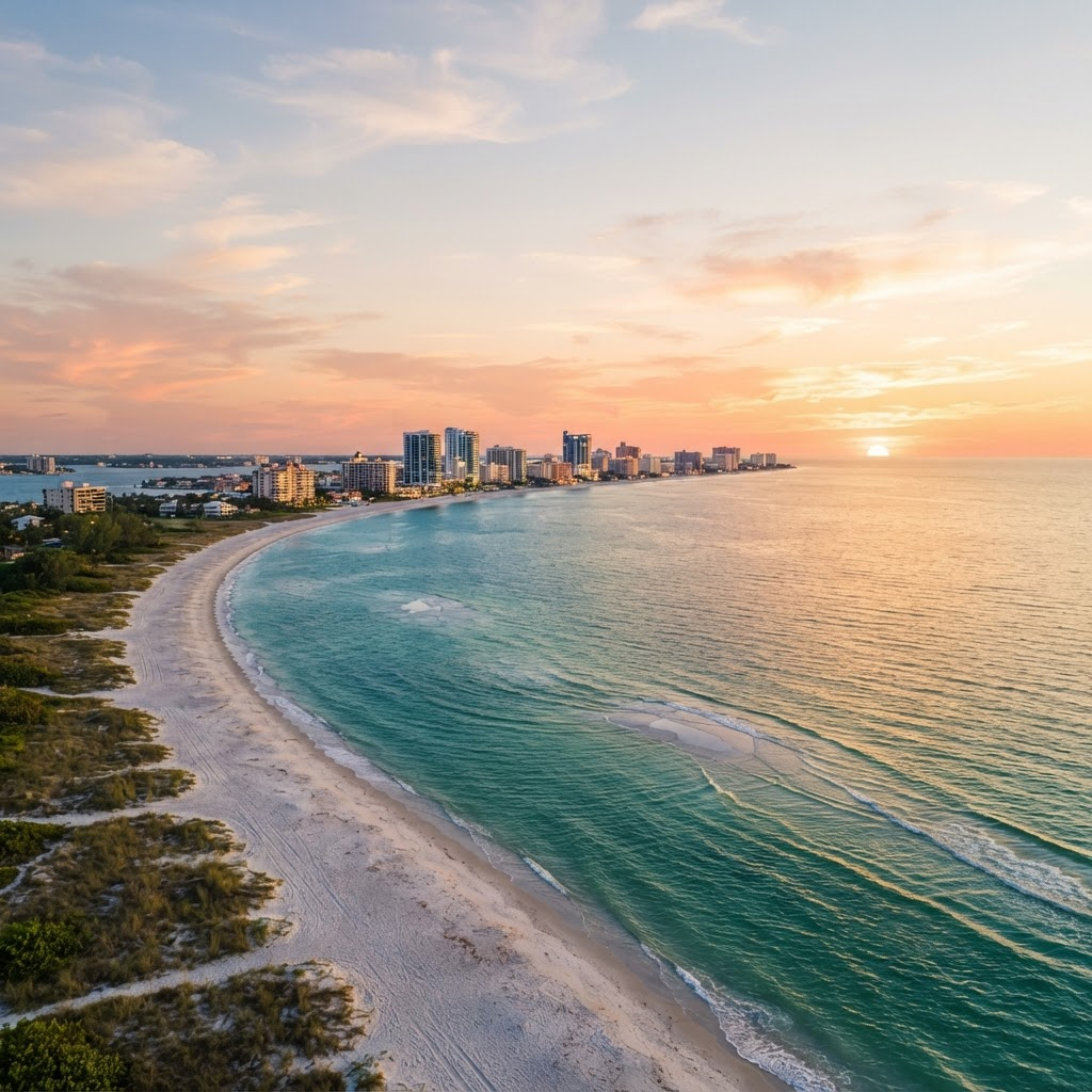 Aerial view of the Florida Gulf Coast at sunset